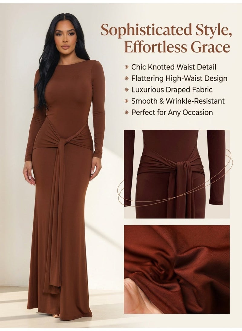 MS MIN Women’s Elegant Long Sleeve Maxi Dress, Solid Color Waist-Fitted Dress with Open Back Design - Image 4